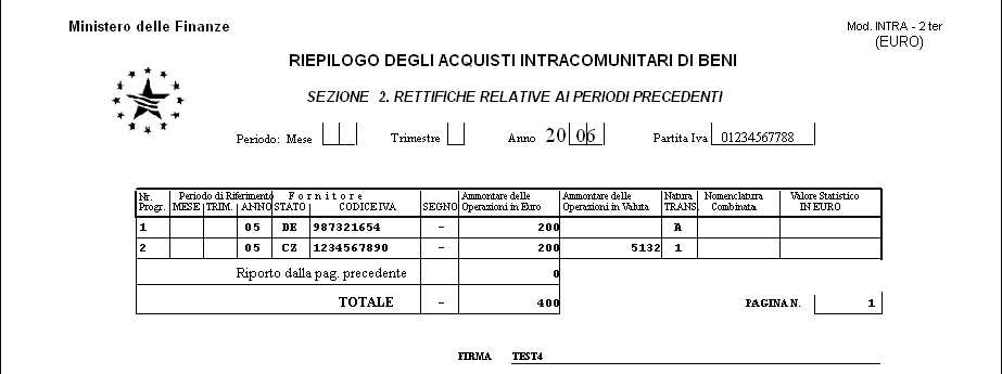 Stampa della Sezione 2 Rettifiche